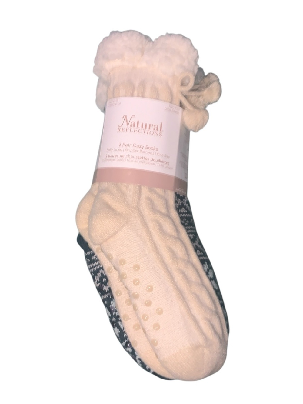 NWT Natural Reflections Cream & Green Fleece-Lined Pom Pom Slipper Socks
